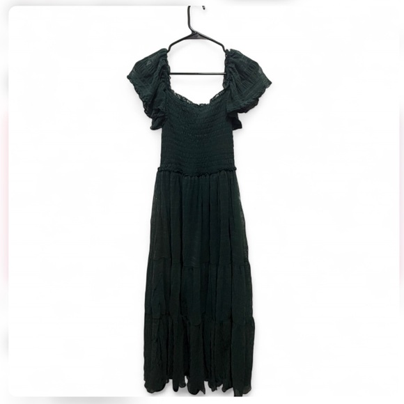 Max Studio Forest Green Mesh Smocked Midi Dress - Picture 3 of 8